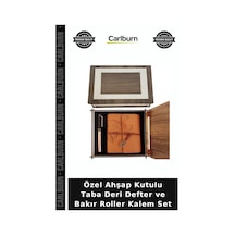 Özel Ahşap Kutulu Taba Deri Defter Ve Bakır Roller Kalem Set Notluk Yazı Aracı İş Hediyesi