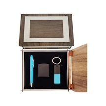 Özel Ahşap Kutulu Mavi Kalem Anahtarlık Ve Çakmak Set