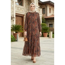 Hb Harma Time Butik Kadın Astarlı Şal Desen Kahverengi Şifon Elbise
