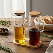 2'li Şeffaf Cam Yağdanlık Ve Sirkelik Seti - Bambu Kapaklı Ve Özel Standlı Masaüstü Yağlık 190 Ml 0