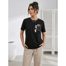 Hazego Sevimli Kedi Cep Baskılı Tişört Kısa Kol Yazlık T-shirt - Siyah
