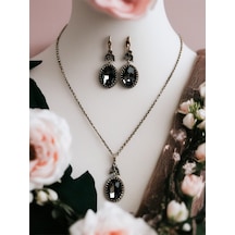 Kristal Taşlı Oval Kesim Kolye Ve Küpe Seti Gri