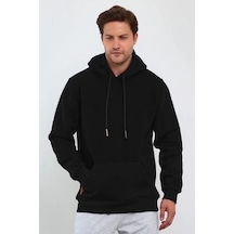 Erkek 3 İplik Pamuklu Kapüşonlu Cepli Oversize Hoodie Sweatshirt - Siyah