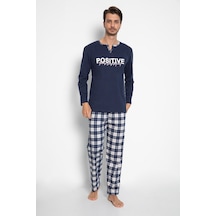 Vıshenka Erkek %100 Pamuk Lacivert Renk Ekose Baskılı Pijama Takı