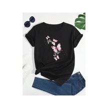 Medinenur Uçuşan Kelebekler Baskılı Basic T-shirt Siyah