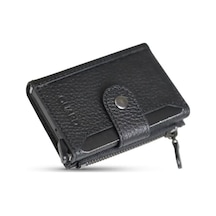 Guard Leather Mekanizmalı Hakiki Deri Kartlık Cüzdan Patlı, Fermuarlı Bozuk Para Bölmeli, 10 Kart Kapasiteli, Siyah Çok Renkli