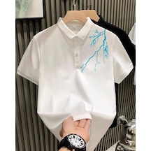 Erkek Polo Yaka Tişört Düğmeli Pike Yıldırım Baskılı T-shirt - Beyaz