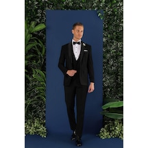 Efor Black 069 Slim Fit Yelekli Çıkarılabilir Saten Yaka Çift Yırtmaçlı Siyah Damatlık Smokin Takım Siyah