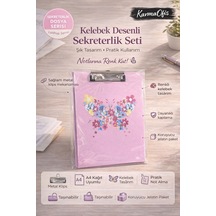 Kelebek Desenli Sekreterlik Seti Metal Klipsli A4 Uyumlu Not Tutma Panosu