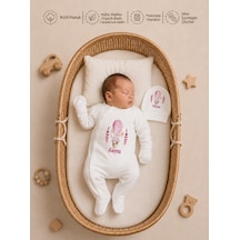 Pia Baby İsimli Kız Bebek Tulum %100 Pamuk İsme Özel Organik Baskılı Bebek Tulumu 2005t0x Ekru