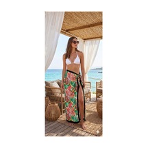 Nazzain Tropikal Desenli Bağlamalı Yırtmaçlı Pareo Plaj Eteği Bikini Üstü Plaj Giyim Yazlık Beachwear 150x95 Cm Çok Renkli