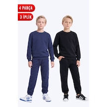 Fyk Kids 3 İplik Düz Erkek Çocuk Çift Cepli Bisiklet Yaka 2'li Eşofman Takımı Lacivert-siyah