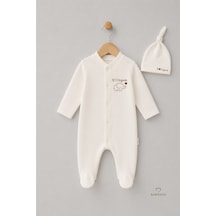 Babyden's Organik Pamuk Bebek Tulumu Şapkalı Yenidoğan Hastane Çıkışı Çıtçıtlı Patikli Uzun Kollu Ekru