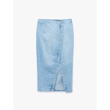 Koton Düğme Detaylı Yırtmaçlı Normal Bel Slim Fit Midi Denim Kalem Etek Açık İndigo 5sal70042md Açık İndigo