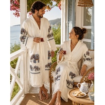 Müslin Taş Baskı Fil Desen Bornoz Kapşonlu, %100pamuklu- Kapşonlu - Deniz-spa-havuz-banyo Unisex Bornoz Krem - Fil Desen