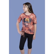 Toontoy Kids Kız Çocuk 2'li Takım Baskılı Bisiklet Yaka T-shirt & Basic Düz Tayt - Yırtmaç Detaylı - Bağcıklı Turuncu