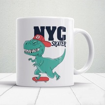 Kaykay Yapan Dinozor Figürlü Basklı Kupa Beyaz