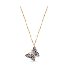 Çekirdekjewelry 925 Ayar Gümüş Kelebek Kolye Rose Kaplama Renkli Taşlı Zarif Tasarım Pembe