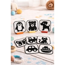 Bebekler İçin Siyah Beyaz Kontrast Tummy Time Kartları Hayvan ve Araç Figürlü Standlı Set