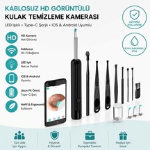 Siyah Kablosuz Hd Görüntülü Kulak Temizleme Kamerası, Led Işıklı Type-c Şarjlı İos Ve Android Uyumlu Kulak Temizleme Seti 5570