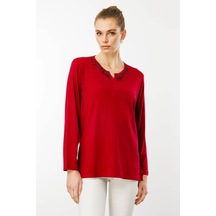 Desen Triko Kadın Açma Yaka Dantel Çiçek İşlemeli Penye Bluz 24753 Bordo Bordo
