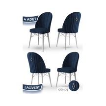 Canisa Ritim Serisi 4 Adet Lacivert Sandalye 1.sınıf Babyface Ithal Kumaş Beyaz Gürgen Ayak Gümüş Halkalı Sandalye Lacivert Ayaklar Beyaz