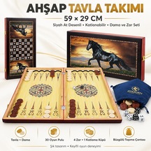 Büyük Boy Doğal Ahşap Tavla Ve Dama Seti Siyah At Desenli Katlanabilir Hediyelik & Dekoratif Set