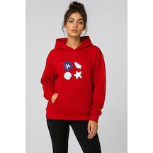 Herkesemoda Deniz Kabukları Baskılı Kapüşonlu 2 İplik Şardonlu Sweatshirt Kırmızı