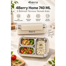 4berry Home 740 Ml 3 Bölmeli 304 Paslanmaz Çelik Termos Yemek Kabı Sızdırmaz Kapaklı, Isı Korumalı Beslenme Kutusu Krem-bej