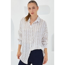 Bigdart Kadın Bej Beyaz Desenli Oversize Saten Gömlek 3985 3985bgd19-026-14884 001