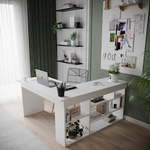 Robinhome Robin Home Martin Kitaplık Raflı Çalışma Masası L Ofis Masası Bey Beyaz