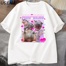 Flood Of Style Komik Moo-deng Bebek Pygmy Hippo Sevimli Hayvanat Bahçesi T Shirt Adam Kadın Nedensel Pamuk K Beyaz