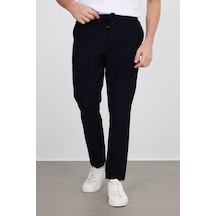 Tudors Erkek Slim Fit Dar Kesim Gofre Kumaş Beli Bağcıklı Çizgili Siyah Pantolon-42609 Siyah