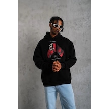 Freedom Storee Erkek Kapüşonlu Cepli Box Eldiven Baskılı 3 İplik Sweatshirt Hoodie - Siyah Çok Renkli