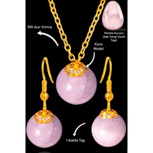 Sertifikalı Gold Küre Model Pembe Kuvars Taşı Kolye Ve Küpe Seti Çok Renkli