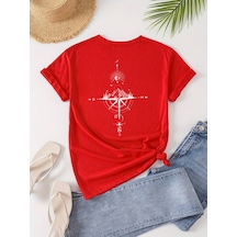 Unisex Yön Gösteren Baskılı Tasarım Tshirt Kırmızı