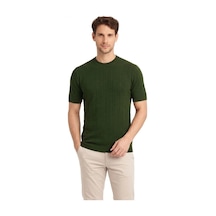 Erkek Yazlık Fitilli Triko Tişört Kısa Kol Bisiklet Yaka T-shirt - Haki