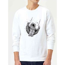 Astronot Ay Salıncak Baskılı Beyaz Erkek Örme Sweatshirt (534641573)