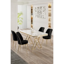 Canisa Vals Serisi 80x130 Lak Panel Beyaz Mermer Desen Masa Takımı Gold Ayaklı 4 Siyah Sandalye Beyaz Mermer Desen Masa Sandalyeler Siyah