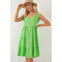 Sıfır Kol Düğmeli Kısa Elbise 2571 - Yeşil Yeşi L