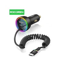 Rocoren 70w 3 Portlu 2 Type-c 1 Usb-a Spiral Kablolu Led Işıklı Araç İçi Hızlı Şarj Cihazı