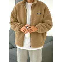 Oversize Peluş Tam Fermuarlı Sweatshirt Peluş İçi Polarlı Sherpa Kumaş Sweatshirt Bej