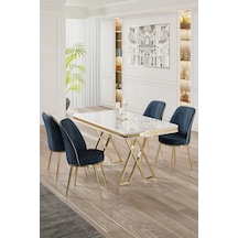 Canisa Vals Serisi 80x130 Lak Panel Beyaz Mermer Desen Masa Takımı Gold Ayaklı 4 Antrasit Sandalye Masa Beyaz Mermer Desen Sandalye Antrasit