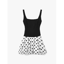 Koton Koton X Sibil Çetinkaya - Kare Yaka Kolsuz Eteği Puantiyeli Mini Balon Elbise Siyah 6sak80102fw