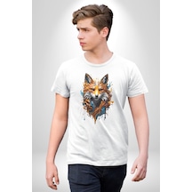 Renkli Sulu Boya Kurt Yapay Zeka Tasarımı Unisex Unisex Beyaz Organik Baskılı T-shirt Penye Yüksek Kalite Beyaz