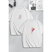 Unisex Kadın Erkek Bugs Bunny Ve Lola Baskılı Sevgili Çift Kombini Tasarım Oversize Tshirt 2'li Beyaz1 Mck0116 Beyaz