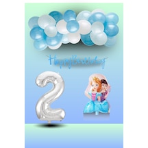 2 Yaş Frozen Tema İkili Prenses Folyo Balon Mavi Beyaz Balon Gümüş Rakam Mavi Banner Doğum Günü Seti Çok Renkli
