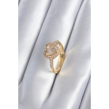 Pirinç Gold Renk Zirkon Taşlı Kalp Charm Model Kadın Yüzük - Tj-byk2858
