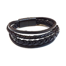 Black Multi Braid Çok Katmanlı Örgü Detaylı Siyah Erkek Deri Bileklik-1414 Antrasit