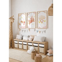 3'lü Bebek Odası Dekoratif Poster Tablo Ahşap Çerçeveli